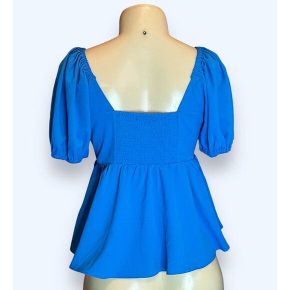 Vici Women Blue Peplum Blouse Small Short Sleeves Lined Plunge V-Neck Smog Back - Picture 6 of 8